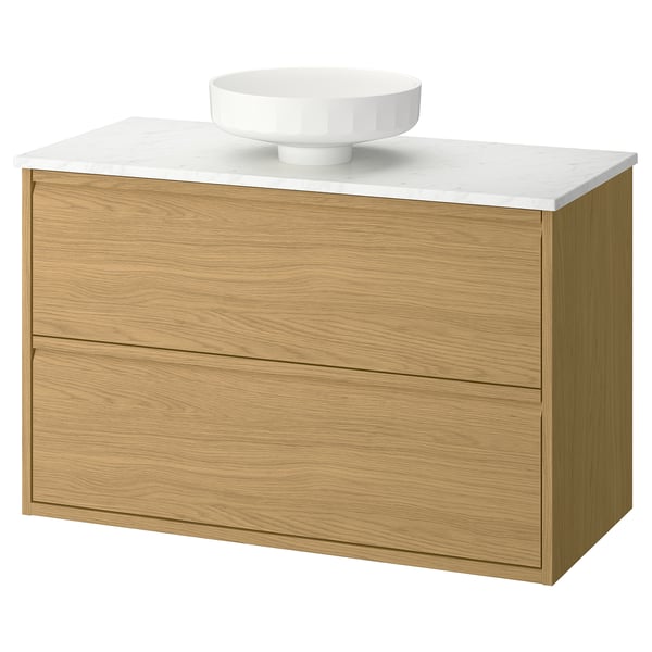 ÄNGSJÖN / LERSJÖN Tocador de baño+cajones, efecto de roble/blanco efecto de mármol, 37x21 1/2x31 3/8 "