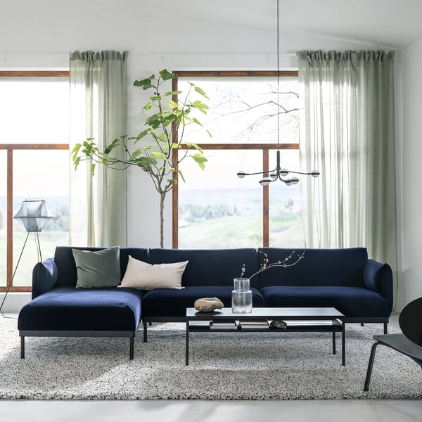 ÄPPLARYD Sofá 4 plazas+chaise longue, Djuparp azul oscuro
