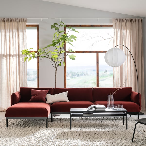 ÄPPLARYD Sofá 4 plazas+chaise longue, Djuparp rojo/marrón