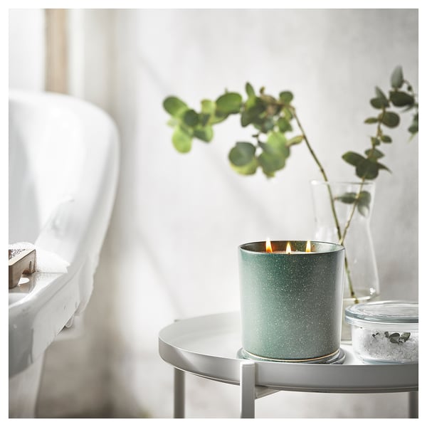 AVMÅLA Vela arom recipiente cerámica+tapa, Menta/verde oscuro, 60 hr
