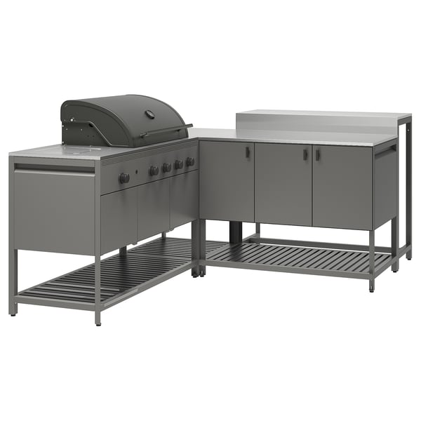 BÅTSKÄR Cocina ext+parrilla gas+mesa alta, gris oscuro, 86 5/8x70 7/8 "