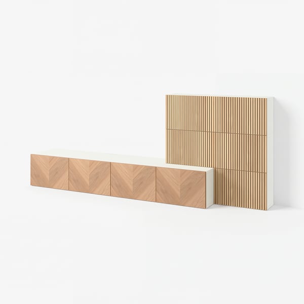 BESTÅ Comb almacenamiento audio/video, blanco Björköviken/Hedeviken chapa de roble, 118 1/8x16 1/2x44 7/8 "