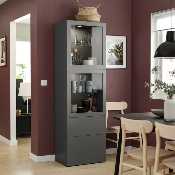 BESTÅ Comb almacenamiento+puertas vidrio, gris oscuro Lappviken/Sindvik gris oscuro, 23 5/8x16 1/2x76 "