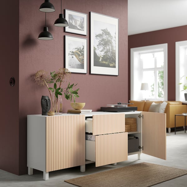 BESTÅ Combinación almacenamiento+cajones, blanco Björköviken/chapa de abedul, 70 7/8x16 1/2x29 1/8 "