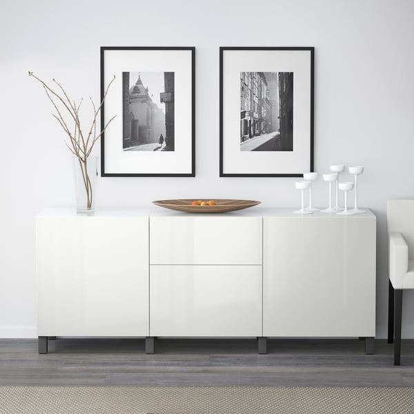 BESTÅ Combinación almacenamiento+cajones, blanco/Selsviken/Stubbarp gris oscuro, 70 7/8x16 1/2x29 1/8 "