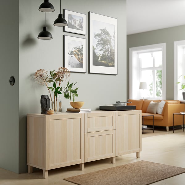 BESTÅ Combinación almacenamiento+cajones, efecto de roble teñido en blanco/Hanviken/Stubbarp efecto de roble teñido en blanco, 70 7/8x16 1/2x29 1/8 "