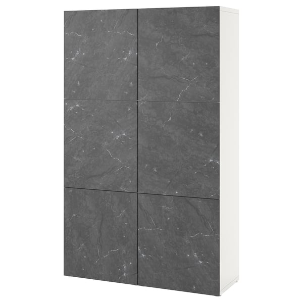 BESTÅ Combinación almacenamiento+puertas, blanco Bergsviken/negro efecto de mármol, 47 1/4x16 1/2x76 "