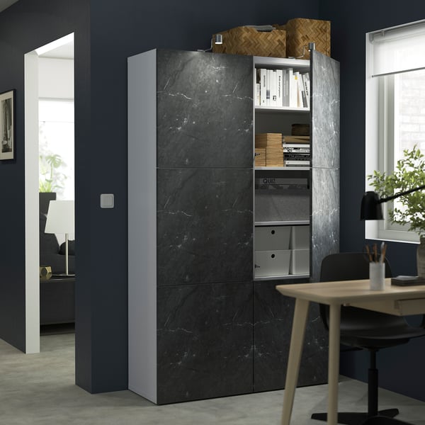BESTÅ Combinación almacenamiento+puertas, blanco Bergsviken/negro efecto de mármol, 47 1/4x16 1/2x76 "