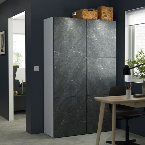 BESTÅ Combinación almacenamiento+puertas, blanco Bergsviken/negro efecto de mármol, 47 1/4x16 1/2x76 "