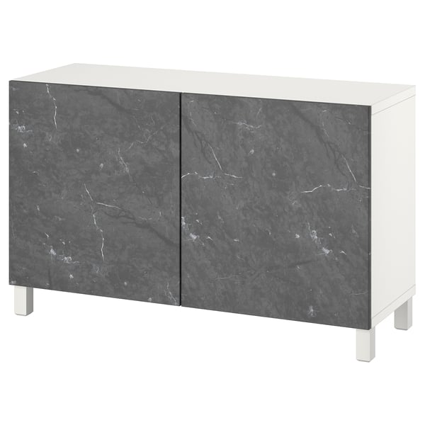 BESTÅ Combinación almacenamiento+puertas, blanco Bergsviken/Stubbarp/negro efecto de mármol, 47 1/4x16 1/2x29 1/8 "