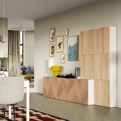 BESTÅ Combinación almacenamiento+puertas, blanco Hedeviken/Björköviken chapa de roble, 118 1/8x16 1/2x76 "
