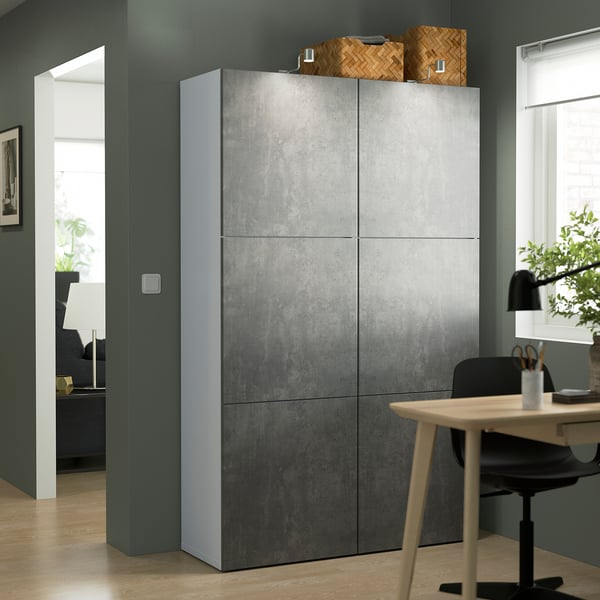 BESTÅ Combinación almacenamiento+puertas, blanco/Kallviken efecto cemento oscuro, 47 1/4x16 1/2x76 "