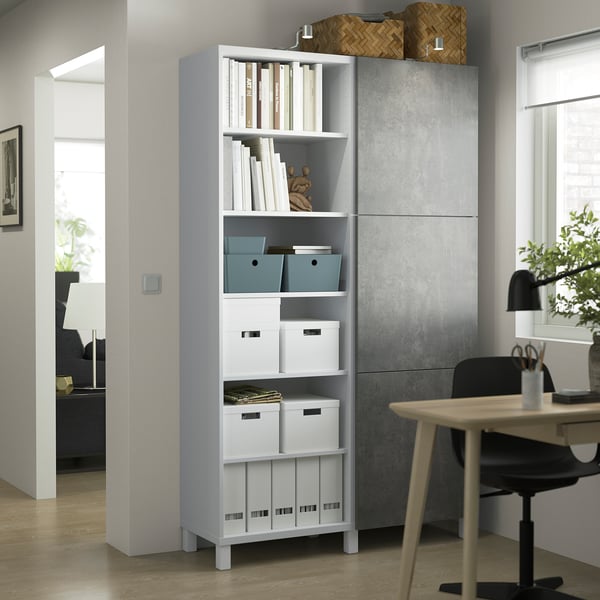 BESTÅ Combinación almacenamiento+puertas, blanco/Kallviken/Stubbarp efecto de concreto, 47 1/4x16 1/2x79 1/2 "