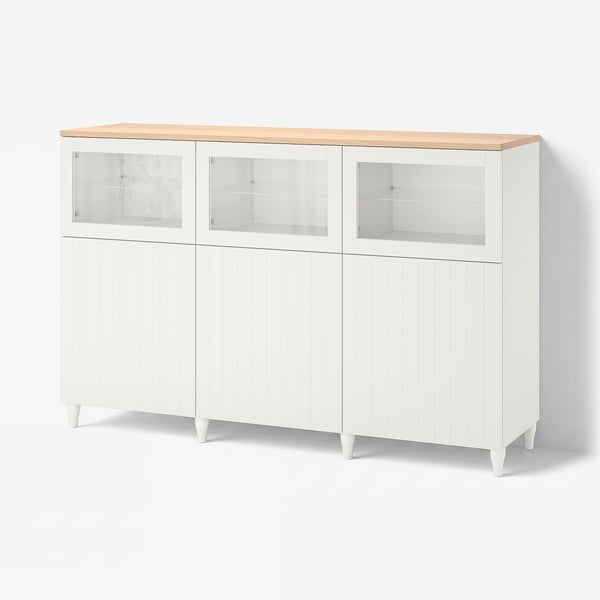 BESTÅ Combinación almacenamiento+puertas, blanco/Sutterviken/Kabbarp vidrio transparente blanco, 70 7/8x16 1/2x44 7/8 "