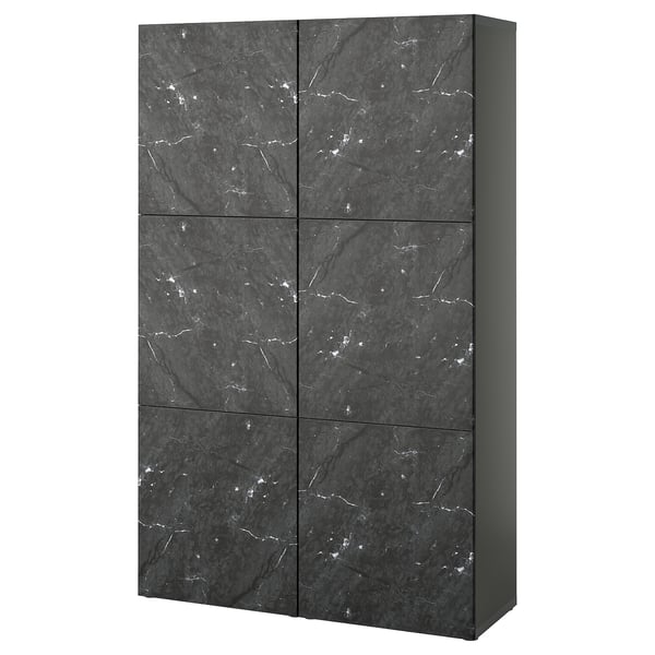 BESTÅ Combinación almacenamiento+puertas, gris oscuro Bergsviken/negro efecto de mármol, 47 1/4x16 1/2x76 "