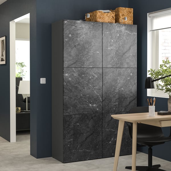 BESTÅ Combinación almacenamiento+puertas, gris oscuro Bergsviken/negro efecto de mármol, 47 1/4x16 1/2x76 "