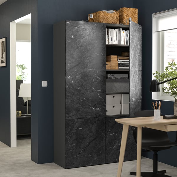 BESTÅ Combinación almacenamiento+puertas, gris oscuro Bergsviken/negro efecto de mármol, 47 1/4x16 1/2x76 "