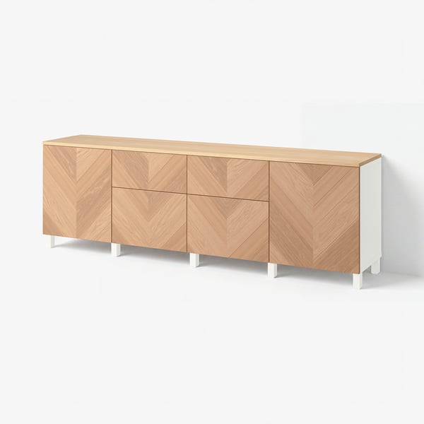 BESTÅ Combinación de almacenaje, blanco/Hedeviken chapa de roble, 94 1/2x16 1/2x29 7/8 "