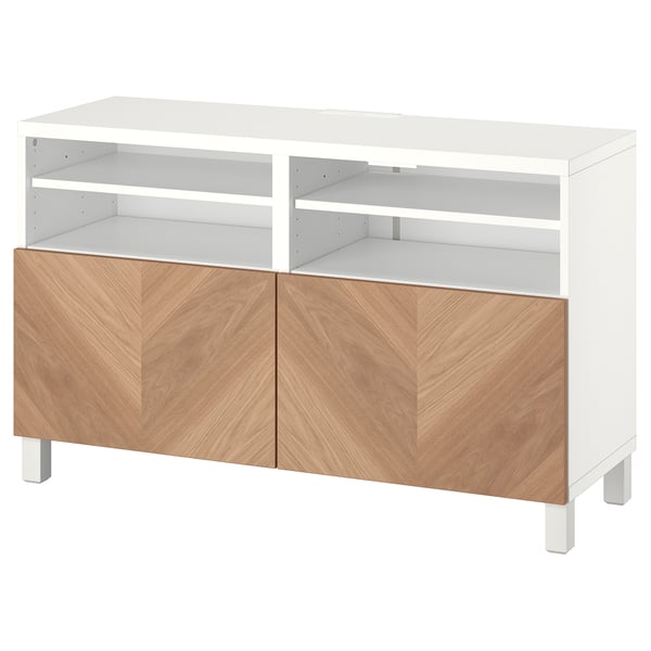BESTÅ Mueble para TV+puertas, blanco/Hedeviken/Stubbarp chapa de roble, 47 1/4x16 1/2x29 1/8 "