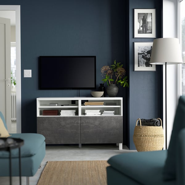 BESTÅ Mueble para TV+puertas, blanco Kallviken/Stubbarp/gris oscuro efecto de concreto, 47 1/4x16 1/2x29 1/8 "