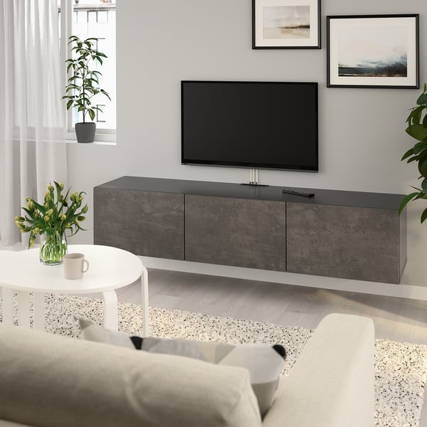 BESTÅ Mueble para TV+puertas, negro-marrón/Kallviken efecto de concreto, 70 7/8x16 1/2x15 "