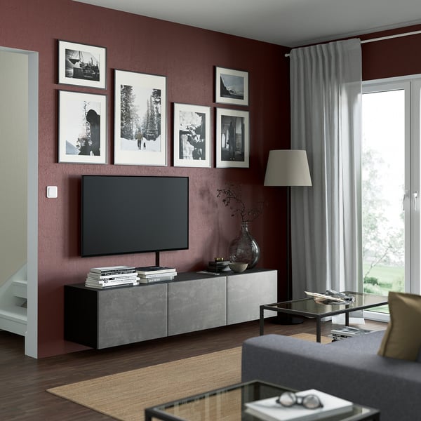 BESTÅ Mueble para TV+puertas, negro-marrón/Kallviken efecto de concreto, 70 7/8x16 1/2x15 "