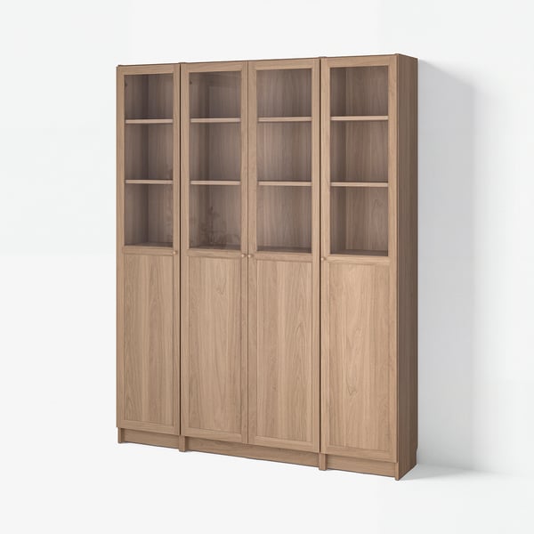 BILLY / OXBERG Comb librero+panel/puerta vidrio, efecto de roble, 63x79 1/2 "