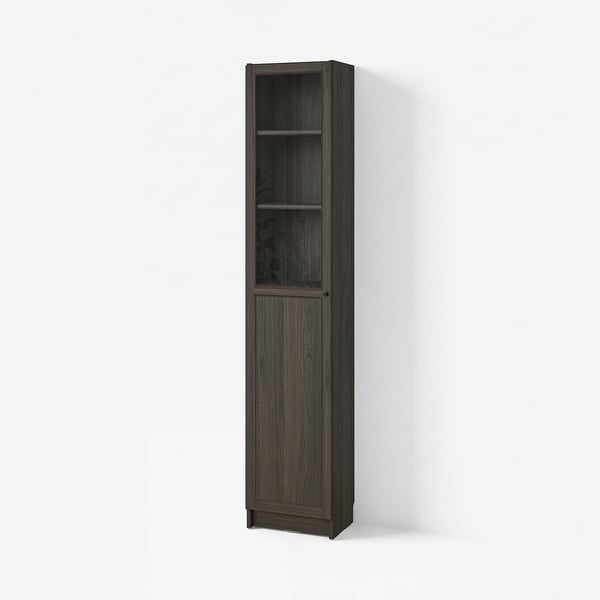 BILLY / OXBERG Librero con panel/puerta vidrio, marrón oscuro efecto de roble, 15 3/4x11 3/4x79 1/2 "