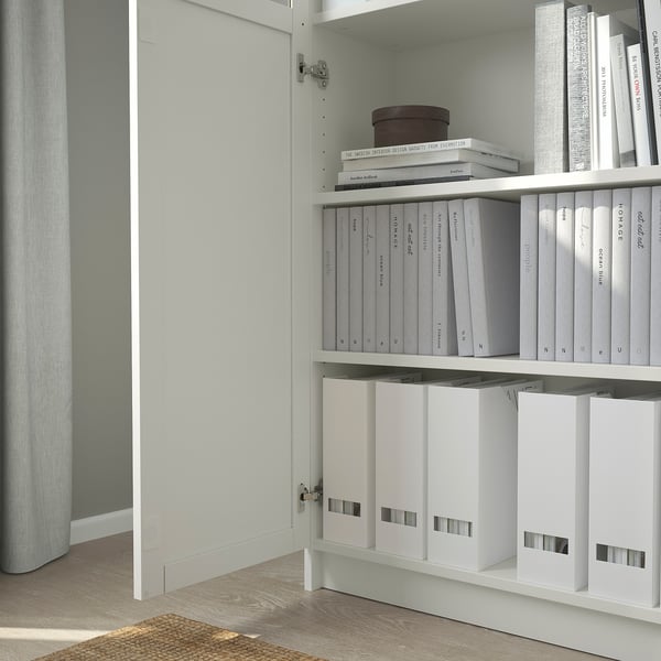 BILLY / OXBERG Librero con panel/puertas vidrio, blanco/vidrio, 63x11 3/4x79 1/2 "