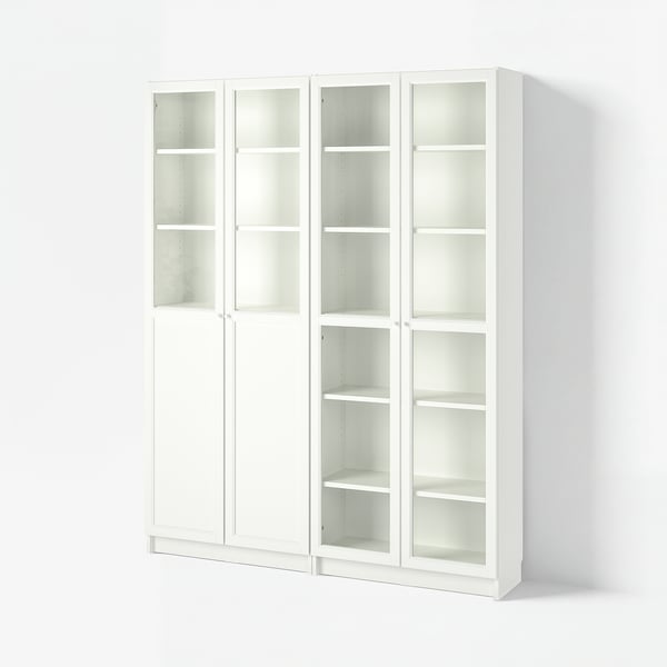 BILLY / OXBERG Librero con panel/puertas vidrio, blanco/vidrio, 63x11 3/4x79 1/2 "