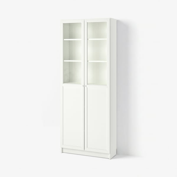 BILLY / OXBERG Librero con panel/puertas vidrio, blanco, 31 1/2x11 3/4x79 1/2 "