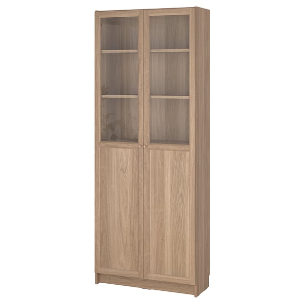 BILLY / OXBERG Librero con panel/puertas vidrio, efecto de roble, 31 1/2x11 3/4x79 1/2 "