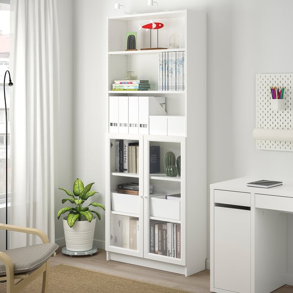 BILLY / OXBERG Librero con puertas, blanco/vidrio transparente, 31 1/2x11 3/4x79 1/2 "