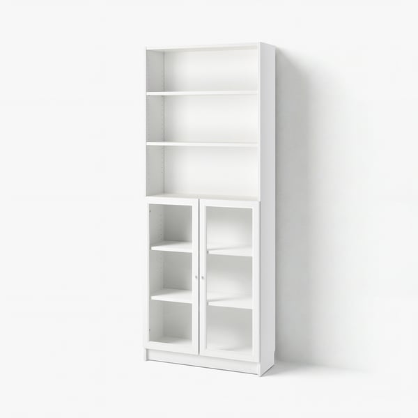 BILLY / OXBERG Librero con puertas, blanco/vidrio transparente, 31 1/2x11 3/4x79 1/2 "