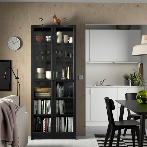 BILLY / OXBERG Librero+puertas de vidrio, negro efecto de roble, 31 1/2x11 3/4x79 1/2 "