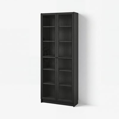 BILLY / OXBERG Librero+puertas de vidrio, negro efecto de roble, 31 1/2x11 3/4x79 1/2 "