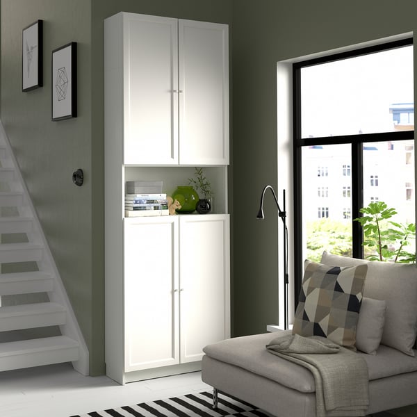 BILLY / OXBERG Librero+puertas/módulo extensión, blanco, 31 1/2x11 3/4x93 1/4 "