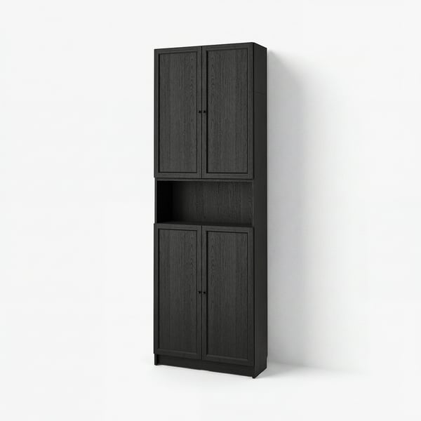 BILLY / OXBERG Librero+puertas/módulo extensión, negro efecto de roble, 31 1/2x11 3/4x93 1/4 "