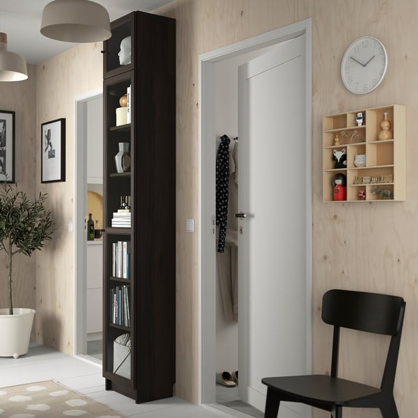 BILLY / OXBERG Librero+puertas vidrio/mód extens, marrón oscuro efecto de roble, 15 3/4x11 3/4x93 1/4 "