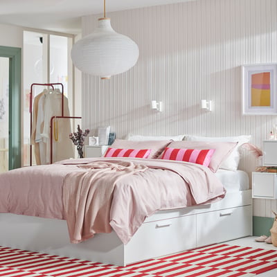 BRIMNES Base de cama+almacenamiento, blanco/Luröy, Tamaño full