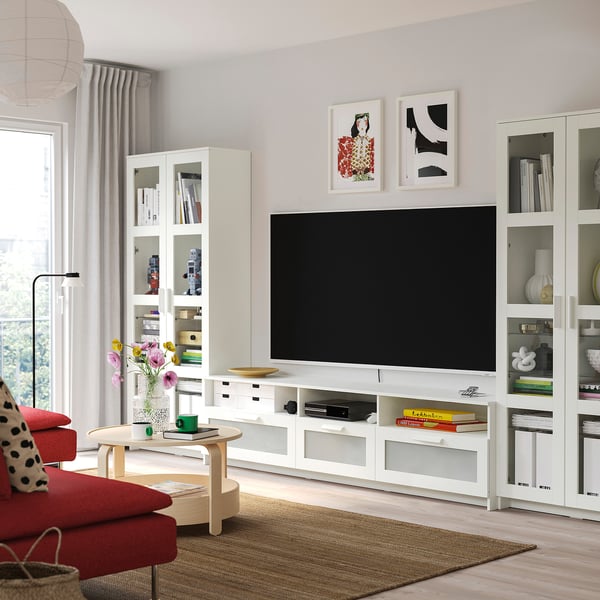 BRIMNES Comb almacenamiento TV/prta vidrio, blanco, 148x16 1/8x74 3/4 "