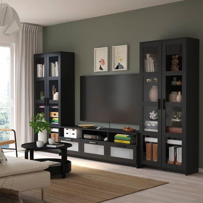 BRIMNES Comb almacenamiento TV/prta vidrio, negro, 133 7/8x16 1/8x74 3/4 "