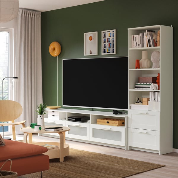 BRIMNES Combinación de almacenaje para TV, blanco, 107 7/8x16 1/8x74 3/4 "