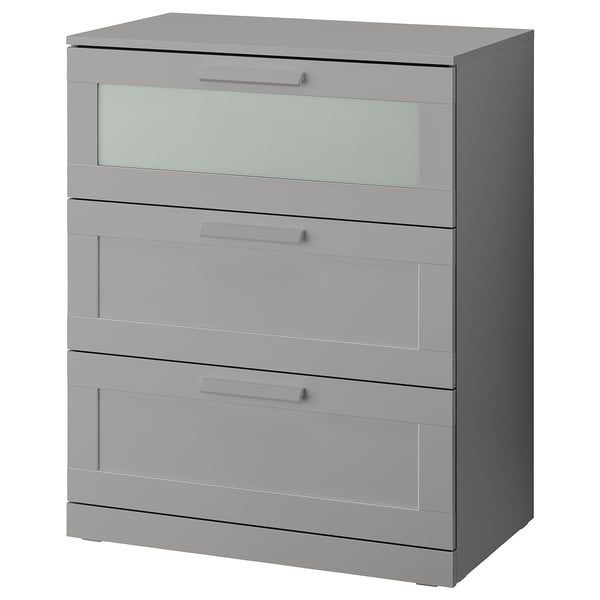 BRIMNES Gavetero de 3 cajones, gris/vidrio esmerilado, 30 3/4x18 1/8x37 3/8 "