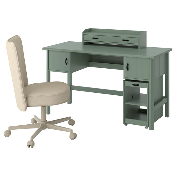 BRYTNING Combinación escritorio+almacenaje, +silla giratoria verde/beige, 53 1/8x20 7/8 "