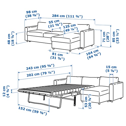 FINNALA Sofá cama, +chaise longue/Tallmyra negro/gris
