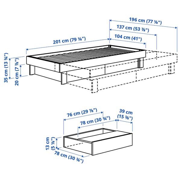 GLAMBERGET Cama extensible+almacenaje, pino, Tamaño twin