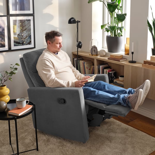GRYTERYD Sillón reclinable giratorio, Hakebo gris oscuro