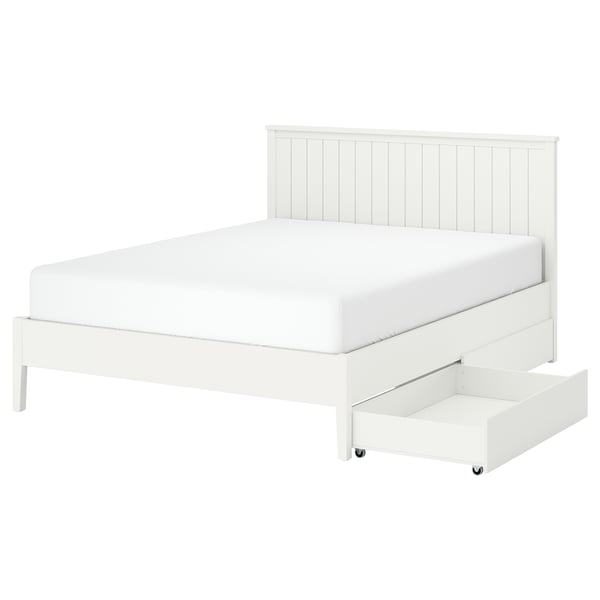 GULLABERG Base de cama+2 cajas almacenamiento, blanco/Luröy, Tamaño queen