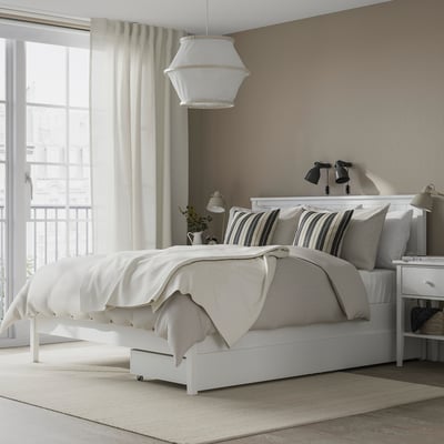 GULLABERG Base de cama+2 cajas almacenamiento, blanco/Luröy, Tamaño queen
